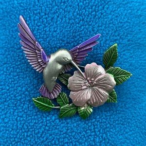 Pewter Enamel Colored Hummingbird Brooch, Signed ‘JJ’ , Great Condition